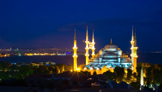 Blue Mosque at sunset in Istanbul, Turkey, Sultanahmet district photo