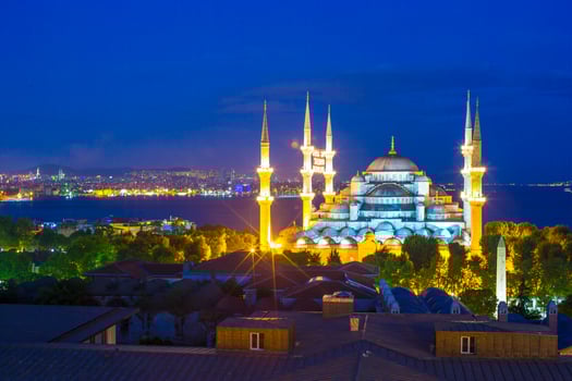 Blue Mosque at sunset in Istanbul, Turkey, Sultanahmet district photo