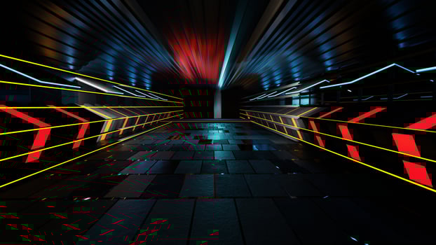 The neon blue airlock tunnel glows around the corridor on the reflective concrete floor. photo
