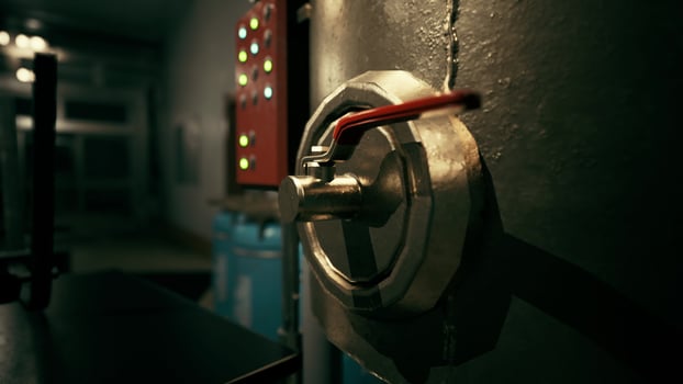 Dark and abandoned interior of a power plant photo