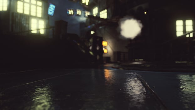 Foggy industrial urban street city night scenery photo