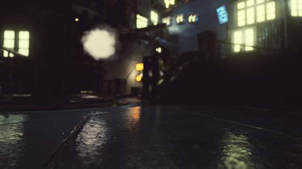 Foggy industrial urban street city night scenery photo