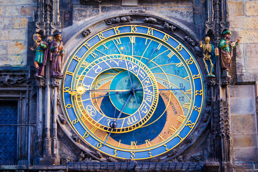 Astronomical Clock Orloj closeup in Czech Republic, Europe. Vintage style. Prague clock tower detail. Famous attraction residents of Praga photo