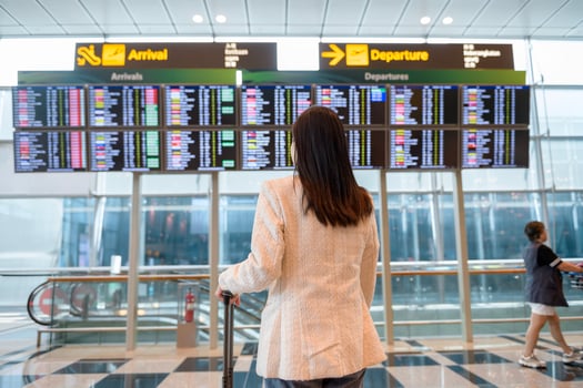 A young beautiful woman walking with suitcase , check in at International airport , vacation travel and transportation concept photo