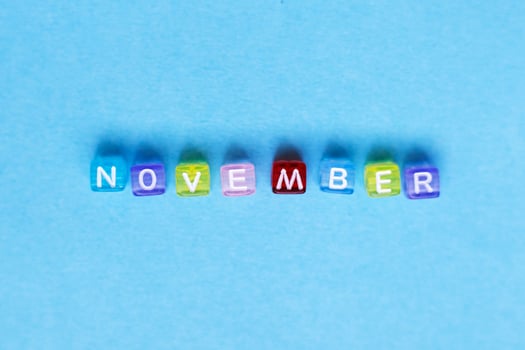 inscription november made by multicolor plastic cubes on a blue background. photo