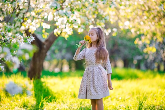 Little beautiful girl enjoying smell of flowes in spring apple garden photo