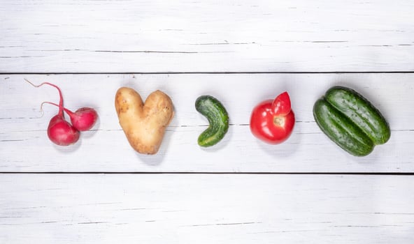 Set of five ugly vegetables  potato, tomato, cucumber and radish laid out in row on white wooden background. photo