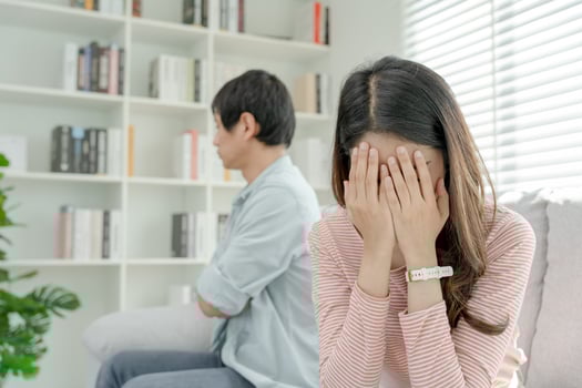 Divorce. Asian couples are desperate and disappointed after marriage. Husband and wife are sad, upset and frustrated after quarrels. distrust, love problems, betrayals. family problem, teenage love photo