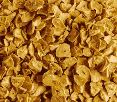 Realistic illustration of fragrant dry garlic flakes. Background, close-up, top view. photo