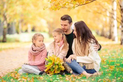 Portrait of happy family of four in autumn day photo