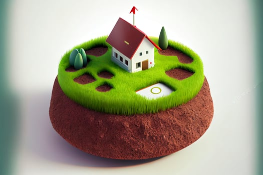 House symbol with location pin icon on round soil ground cross section with earth land photo