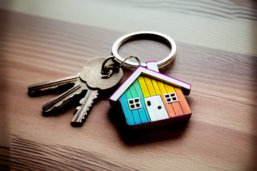 Real estate concept - Key ring and keys on white wooden background photo