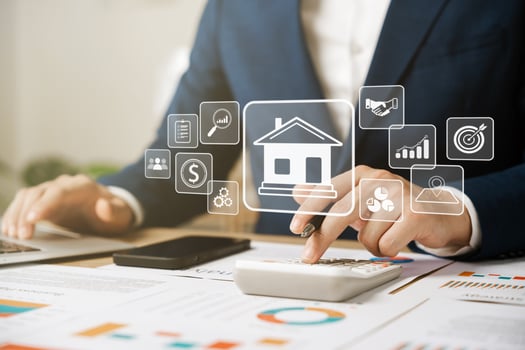 Real Estate Concept, Home Loan Application, Evergy Performance Assessment and Property Value with Location Icon. Contracts and price diagrams. photo