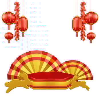 Chinese New Year 3D Illustration With Ornament For Event Promotion Social Media Landing Page chinese fan with rabbit and coins and asian paper lamps photo