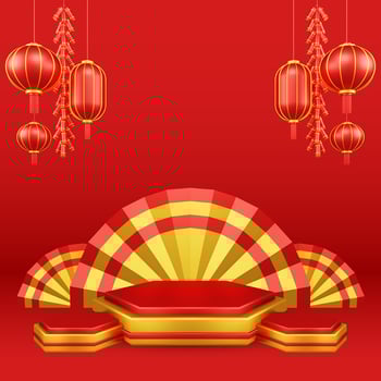 Chinese New Year 3D Illustration With Ornament For Event Promotion Social Media Landing Page chinese fan with rabbit and coins and asian paper lamps photo