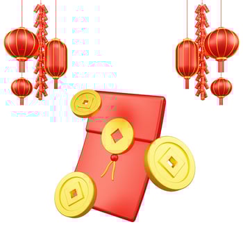 Chinese New Year 3D Illustration With Ornament For Event Promotion Social Media Landing Page with red envelope and coins for chinese new year celebration photo