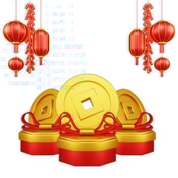 Chinese New Year 3D Illustration With Ornament For Event Promotion Social Media Landing Page gift box coins for chinese new year celebration photo