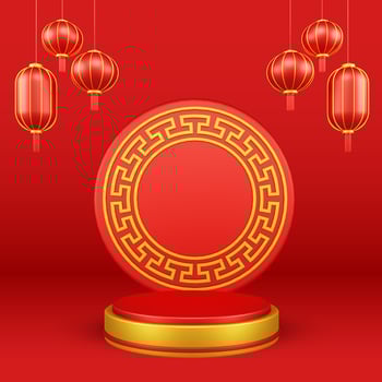 Chinese New Year 3D Illustration With Ornament For Event Promotion Social Media Landing Page gift box with asian paper lamps photo