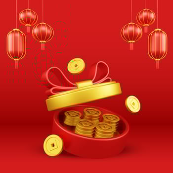 Chinese New Year 3D Illustration With Ornament For Event Promotion Social Media Landing Page gift box coins for chinese new year celebration photo