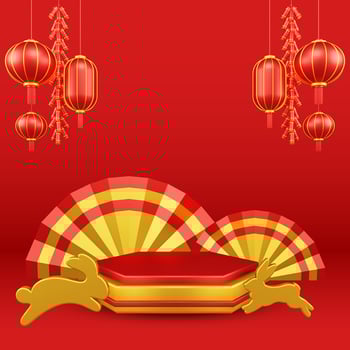 Chinese New Year 3D Illustration With Ornament For Event Promotion Social Media Landing Page chinese fan with rabbit and coins and asian paper lamps photo