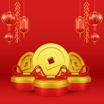Chinese New Year 3D Illustration With Ornament For Event Promotion Social Media Landing Page gift box coins for chinese new year celebration photo