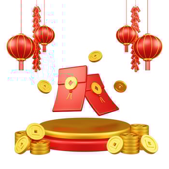 Chinese New Year 3D Illustration With Ornament For Event Promotion Social Media Landing Page lucky money with podium and red lanterns and coins for chinese new year celebration photo