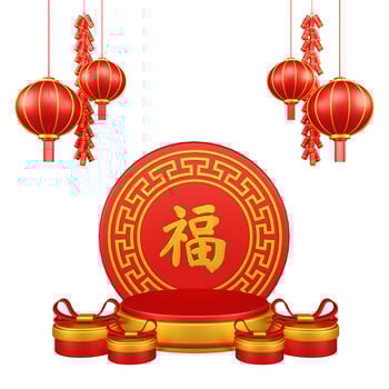 Chinese New Year 3D Illustration With Ornament For Event Promotion Social Media Landing Page gift box with asian paper lamps photo