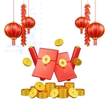 Chinese New Year 3D Illustration With Ornament For Event Promotion Social Media Landing Page lucky money with red lanterns and coins for chinese new year celebration for the Chinese New Year photo
