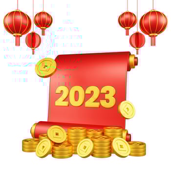 Chinese New Year 3D Illustration With Ornament For Event Promotion Social Media Landing Page red lanterns with paper scroll and coins asian paper lamps photo