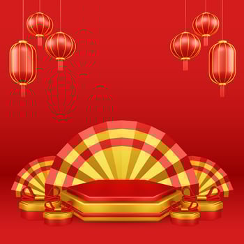 Chinese New Year 3D Illustration With Ornament For Event Promotion Social Media Landing Page chinese fan with rabbit and coins and asian paper lamps photo