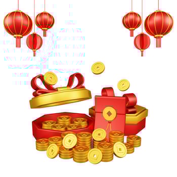 Chinese New Year 3D Illustration With Ornament For Event Promotion Social Media Landing Page with red envelope and gift box coins for chinese new year celebration photo