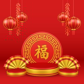 Chinese New Year 3D Illustration With Ornament For Event Promotion Social Media Landing Page chinese fan with rabbit and coins and asian paper lamps photo