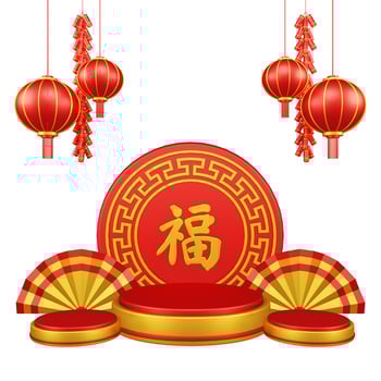 Chinese New Year 3D Illustration With Ornament For Event Promotion Social Media Landing Page chinese fan with rabbit and coins and asian paper lamps photo