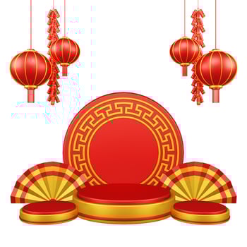 Chinese New Year 3D Illustration With Ornament For Event Promotion Social Media Landing Page chinese fan with rabbit and coins and asian paper lamps photo