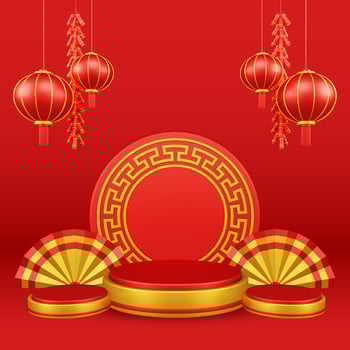 Chinese New Year 3D Illustration With Ornament For Event Promotion Social Media Landing Page chinese fan with rabbit and coins and asian paper lamps photo