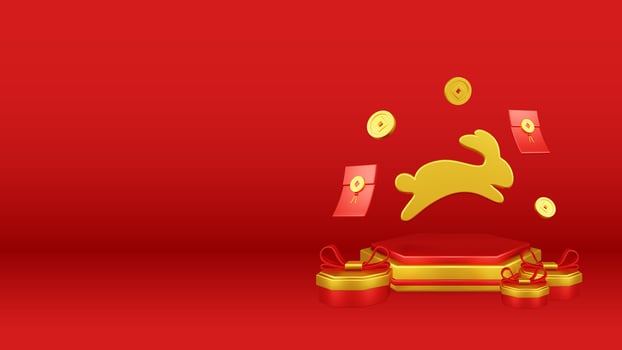 Chinese New Year 3D Illustration With Ornament For Event Promotion Social Media Landing Page with rabbit on the podium for chinese Decorations for the Chinese New Year photo