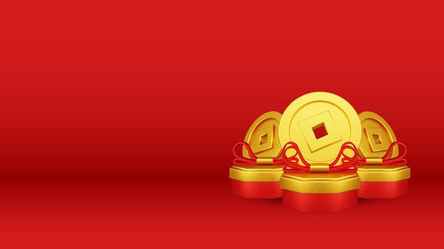 Chinese New Year 3D Illustration With Ornament For Event Promotion Social Media Landing Page gift box coins for chinese new year celebration photo
