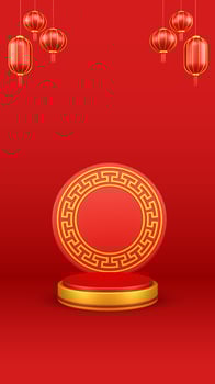 Chinese New Year 3D Illustration With Ornament For Event Promotion Social Media Landing Page gift box with asian paper lamps photo