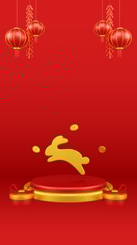 Chinese New Year 3D Illustration With Ornament For Event Promotion Social Media Landing Page with rabbit on the podium for chinese Decorations for the Chinese New Year photo
