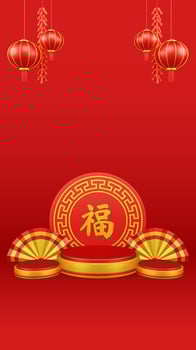 Chinese New Year 3D Illustration With Ornament For Event Promotion Social Media Landing Page chinese fan with rabbit and coins and asian paper lamps photo