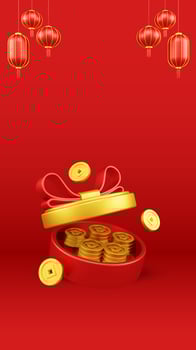 Chinese New Year 3D Illustration With Ornament For Event Promotion Social Media Landing Page gift box coins for chinese new year celebration photo