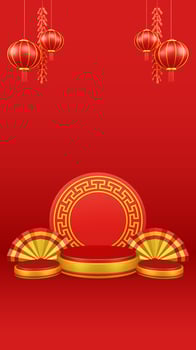 Chinese New Year 3D Illustration With Ornament For Event Promotion Social Media Landing Page chinese fan with rabbit and coins and asian paper lamps photo