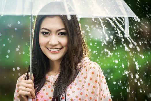 Beautiful girl in the rain with transparent umbrella photo