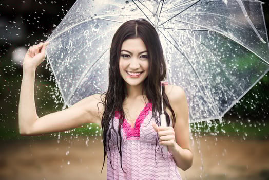 Beautiful girl in the rain with transparent umbrella photo