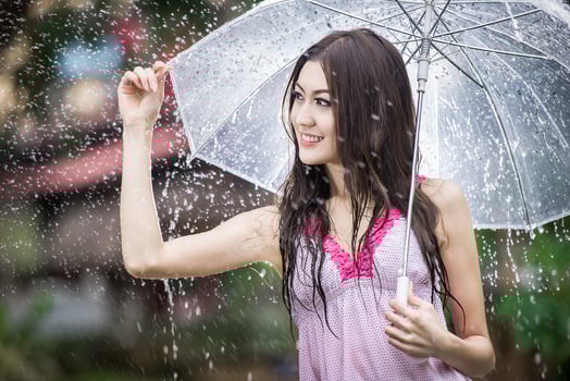 Beautiful girl in the rain with transparent umbrella photo
