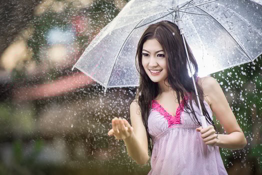 Beautiful girl in the rain with transparent umbrella photo