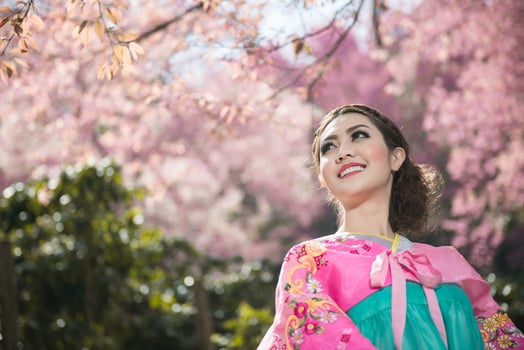 Hanbok, the traditional Korean dress and beautiful Asian girl with sakura photo
