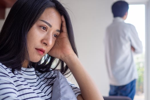 Divorce. Asian couples are desperate and disappointed after marriage. Husband and wife are sad, upset and frustrated after quarrels. distrust, love problems, betrayals. family problem, teenage love photo