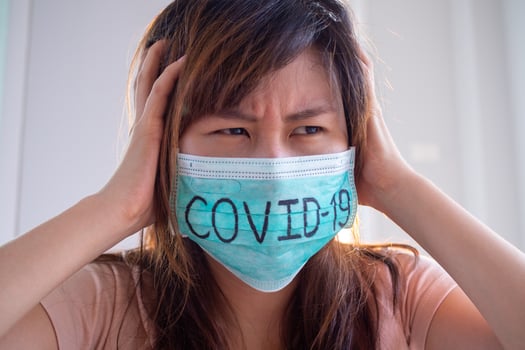 masked woman write Covid-19 has a fear of being infected virus and psychotic symptoms. The situation of the 2019-nCoV virus infection spreading around the world. mask to protect photo