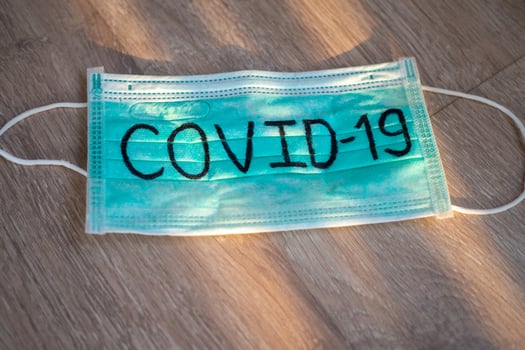 Mask write Covid-19 with natural light. The situation of the 2019-nCoV virus infection is spreading around the world. Deadly plague of the world. The concept wear a mask to protect coronavirus photo